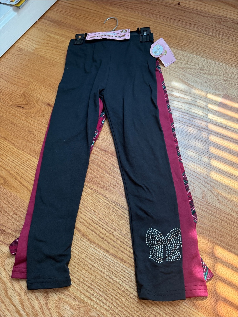 Bwear Black and Burgundy Side-Panel Leggings with Rhinestone Bow Accent